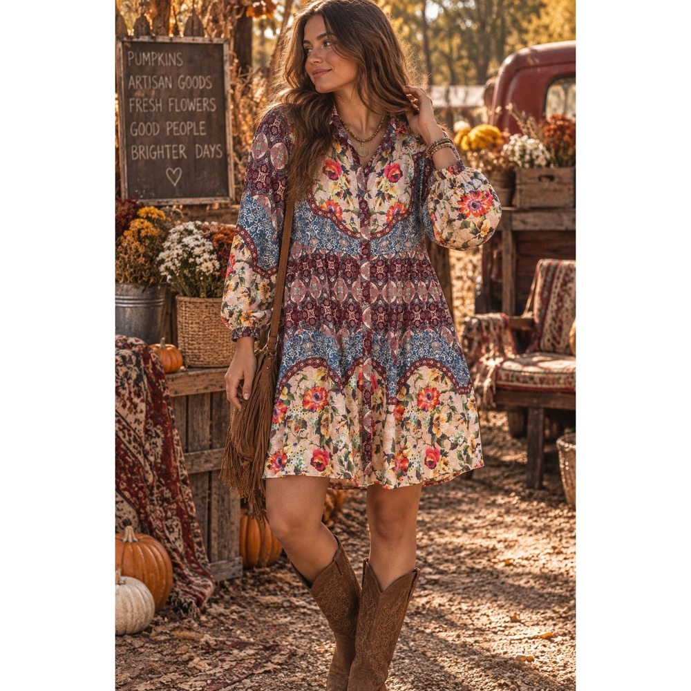 Boho Paisley Floral Patchwork Mini Dress Umgee Mixed Print Long Sleeve L